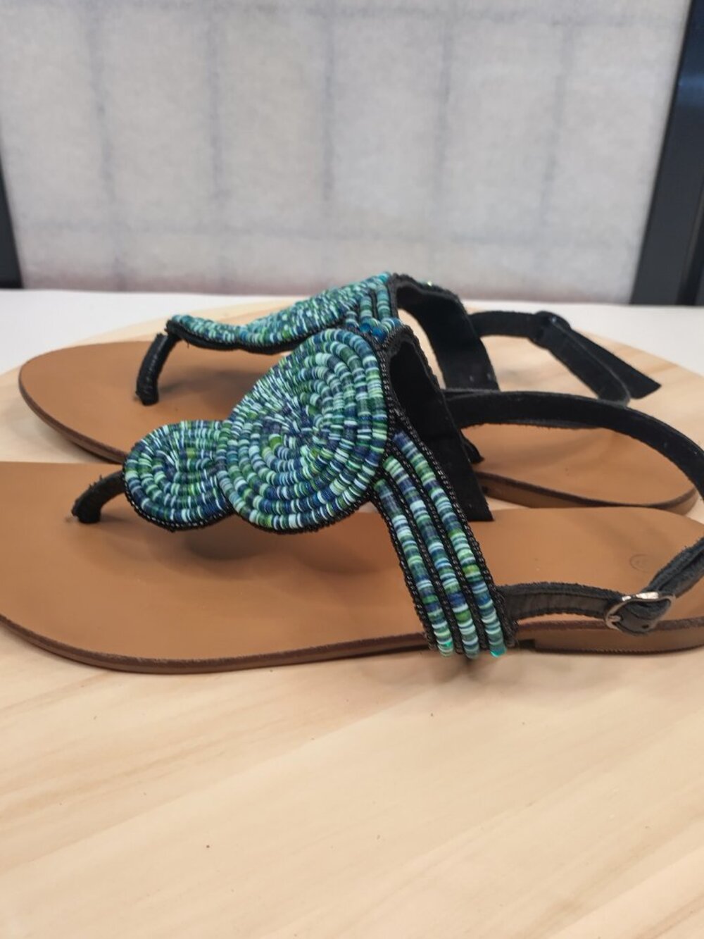 Sandals Blue & Green Beaded Leather Thong Strap Sandals Women US 9 - Picture 5 of 13